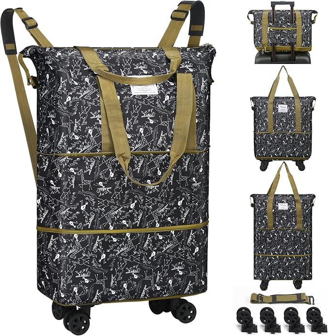 VOOWO Duffel Bag with Wheels - Rolling Foldable Expandable Duffle Bag with Wheels for Travel, Rolling Luggage Carry On Bag with Wheels, Large Rolling Backpack Weekend Bags for Men Women (Animal)