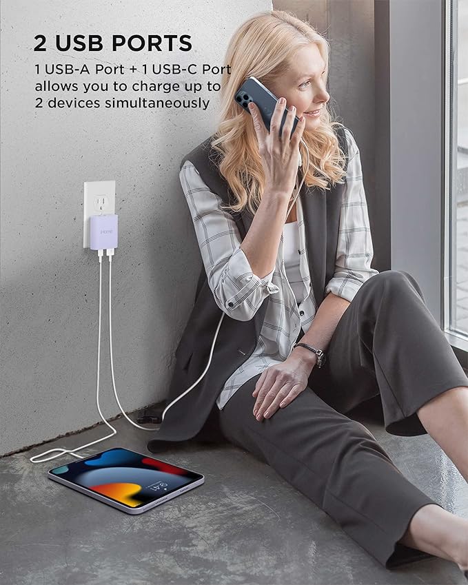 iHome USB C Charger: AC Pro 20W Multiport (1 USB-C Port, 1 USB-A Port), Flat USB Block, Dual Port USB Plug Adapter & Phone Charging Block