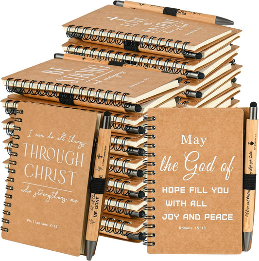 Christian Prayer Journal Spiral Notebooks Bulk with Pens - Small Notepads (4.13”x5.43”) - inspirational Gifts for Women men,Church Members & Bible Study Groups (60 sets Brown)