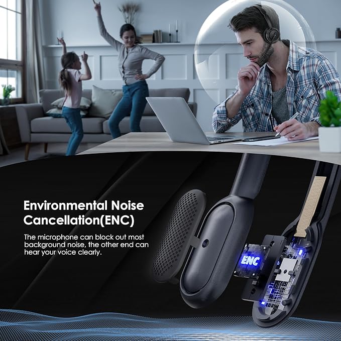 ANC & ENC Headset with Microphone for PC, Wireless Headset with Mic for Work(Flip-to-Mute & USB Dongle), Bluetooth 5.4 Noise Cancelling Headphones with Mic for Call Center/Home/Computer/Cell Phones