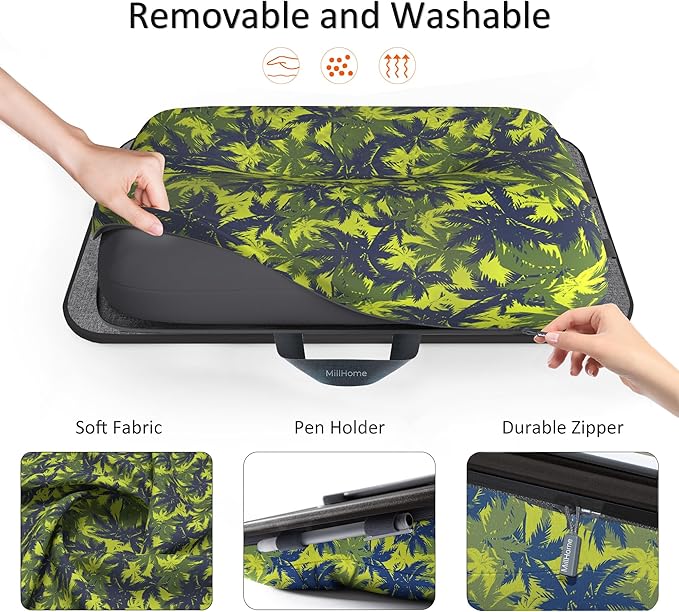 Millhome Lap Desk | Portable Laptop Desk – Fits Up to 17.3" Laptops – Detachable & Washable Cushion, Phone Holder, Device Ledge – for Writing, Working, Reading on Bed, Couch, Sofa, Floor – Green Palm
