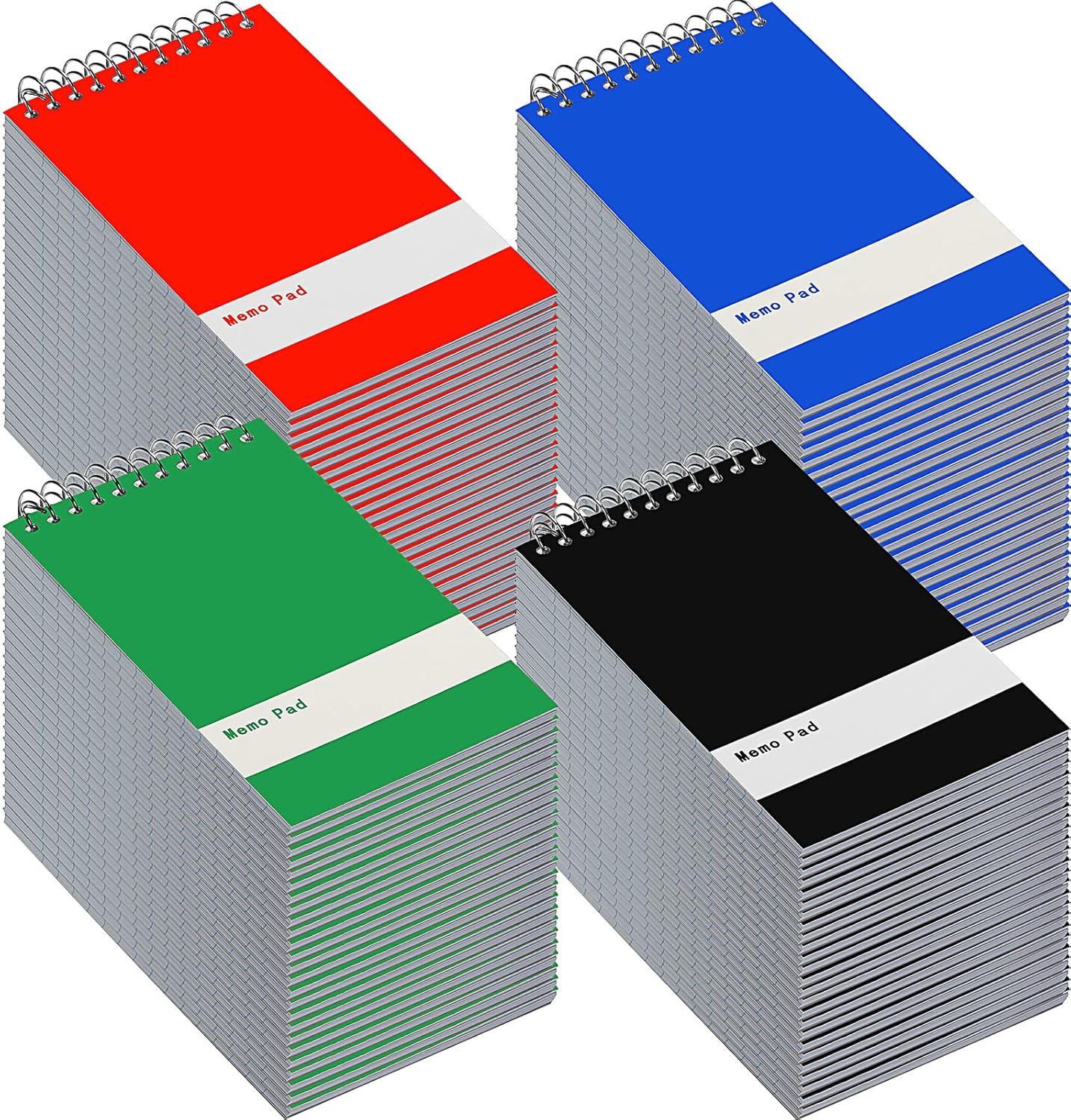Thenshop 100 Pads Spiral Memo Bulk 3'' x 5'' Top Bound Memo Book 60 Sheets Small Mini Notebooks Lined Wire Bound Pocket Steno Book for Home, Office, School (Black,Green,Dark Blue,Red)