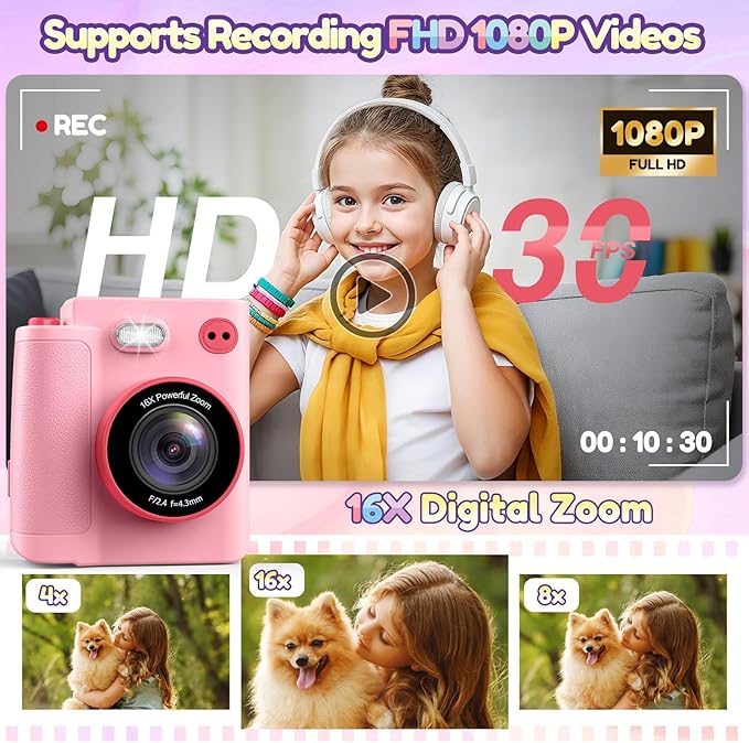 Gift for 3-12 Year Old Girls: Kids Camera Digital Instant Print 1080P Dual Camera Toys Birthday Christmas Valentines Gifts for Kid Girls Boys Ages 3 4 5 6 7 8 9 10 with 32G SD Card Storage Bag Pink