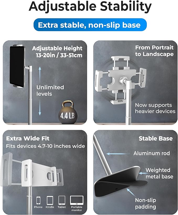 COOPER TabStand, 20" Tall iPad Stand for Desk, Portable Monitor Holder up to 17" Holds 4.4lb, Desktop Tablet Stand, Tablet Mount, Apple iPad Holder for Desk, for Samsung, Kindle, Fire (Frost White)