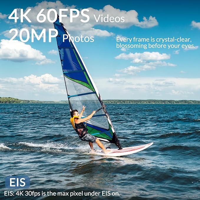 icefox i8 Action Camera with 4K 60FPS 20MP, 5X Zoom, Underwater Waterproof Camera with Optimized EIS, Video & Photo Editing by Snap Pro App, WiFi Remote Control for Diving, Cycling and Vlogging