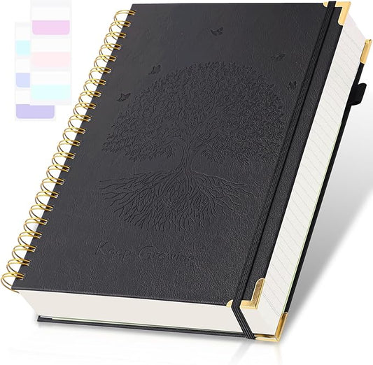 Spiral Notebook, College Ruled Notebook, A5, 300 Pages Leather Journals for Writing, 5.7" x 8.5" Hardcover Journaling Notebooks for Work School, 24pcs Tabs, Large Embossed Journal for Women Men, Black
