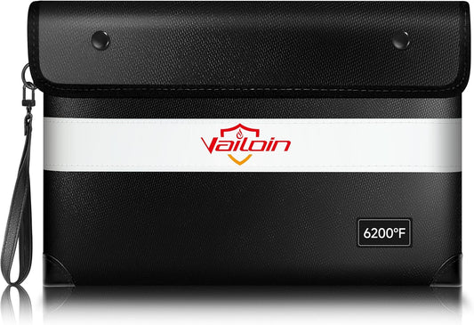 Vailoin 6200℉ Insulated Fire Proof Money Bag for Cash,Portable Waterproof Fireproof Document Bag with Reflective Strip,Fireproof Envelope for Cash,Important Documents,Valuables(11"x7.7", Black)