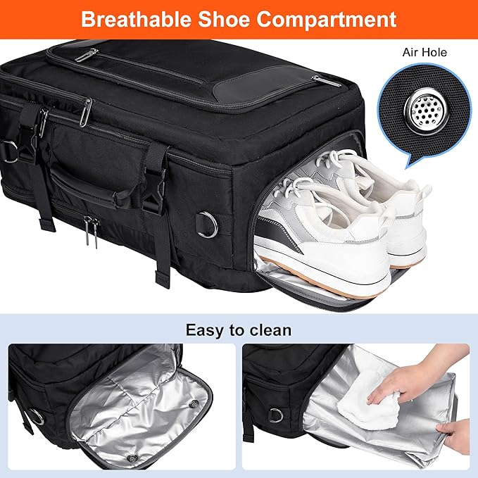 PIJUSHI Travel Backpack for Women Men Flight Approved Carry on Bag 16 inch Laptop Personal Item Daypack with Shoe Compartment(PE038 Black)