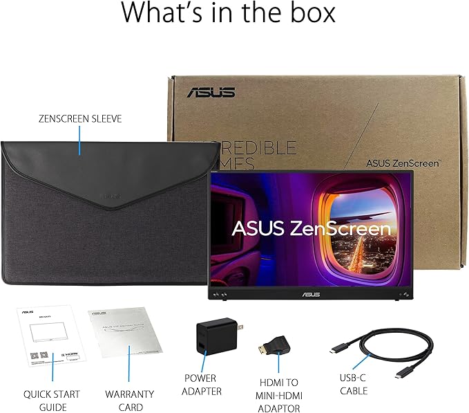 ASUS ZenScreen 16” (15.6 inch viewable) 1080P USB-C Portable Monitor (MB16AHV) - Full HD, IPS, Blue Light Filter, Anti-glare, Mini HDMI, Kickstand, Tripod Mountable, Protective Sleeve, 3 year warranty