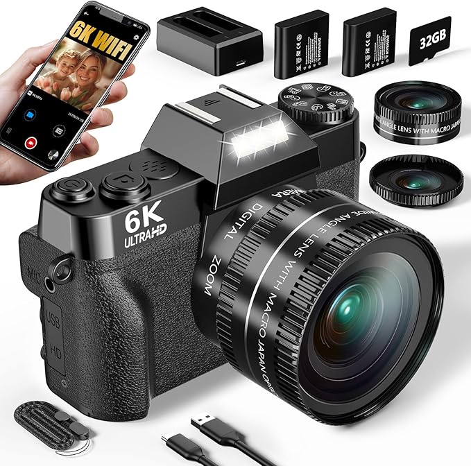 6K Digital Camera for Photography, 64MP Vlogging Camera for YouTube with 3" 180° Flip Screen, 16X Zoom Autofocus Compact Travel Beauty Cameras for Teens, with 32GB Micro SD Card