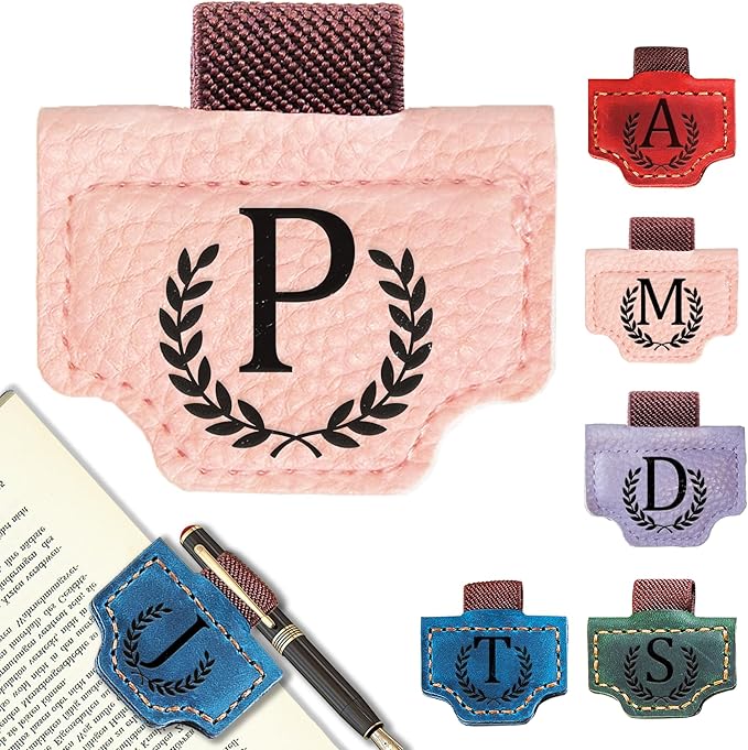 Personalized Bygone Mark Bookmark with Pen Holder, Leather Magnetic Bookmark 26 Letters Name Initial Bookmarks for Readers, Book Lover Gifts for Women Men Notebook Accessories (Pink, P)