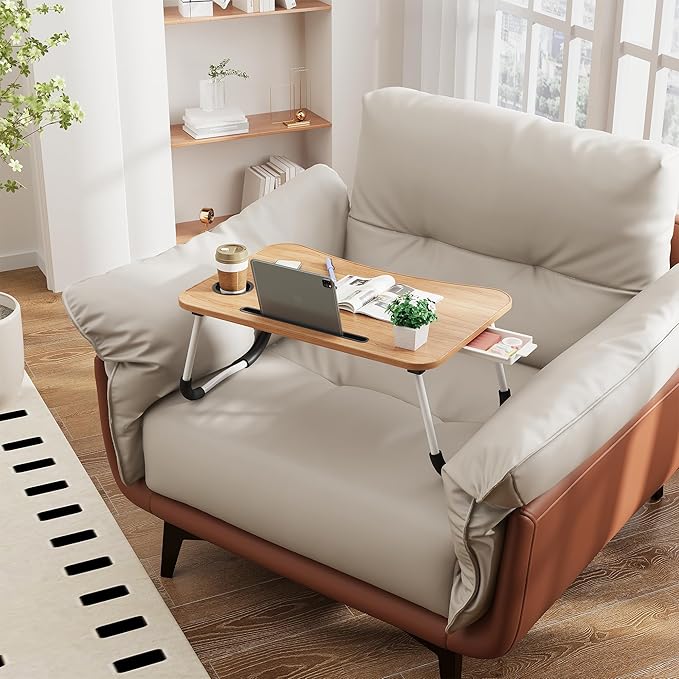 Lap Desk Bed Trays for Eating and Laptops Breakfast in Bed Tray for Sofa/Couch/Study/Reading/Writing with Cup Holder/Drawer On Low Sitting Floor Large Portable Foldable (Walnut Beige)