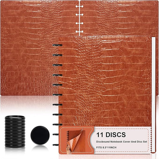 Pu Leather 8.5x11 In Discbound Notebook Cover And Disc Set Discbound Planner Cover With 11 Pcs Expansion Discs Disc Bound Notebook Accessories Letter Size For Office(Brown;No Inner Paper)