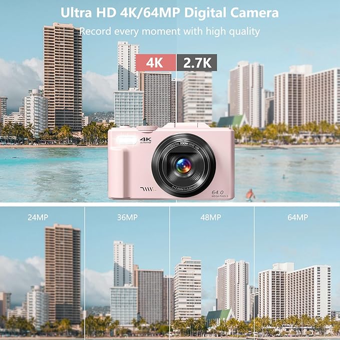Digital Camera for Photography, 4K Vlogging Camera for YouTube 3" 180° Flip Screen 18X Digital Zoom Compact Cameras with 32GB TF Card & 2 Batteries, Pink