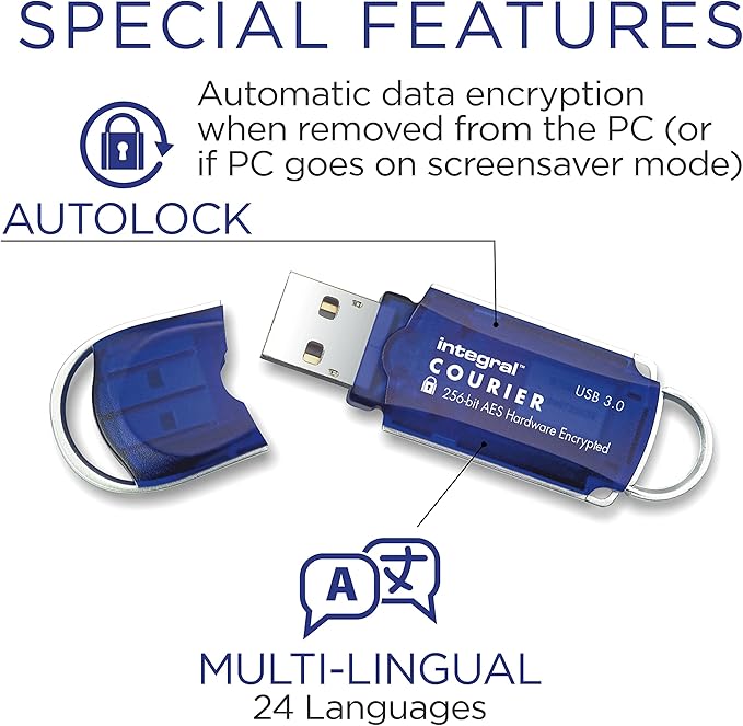 Integral Courier 16GB Encrypted USB Flash Memory - Keep Sensitive Data Safe with USB Drive Hardware Encryption - USB Flash Drive with FIPS 197 Security Standard to Help with GDPR Compliance, Blue