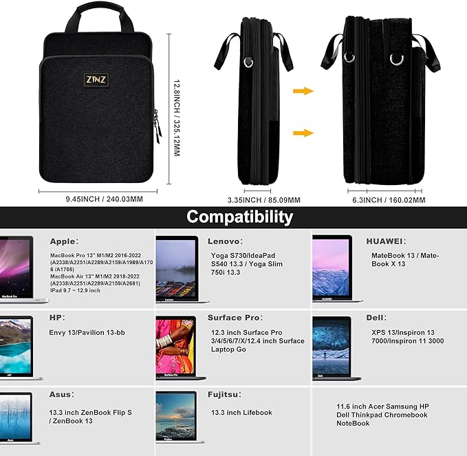 ZINZ Slim & Expandable Case 12.9 13 inch Travel Laptop Shoulder Bag for MacBook Air 13" M3/M2/M1, MacBook Pro 13" M2/M1, iPad Pro 12.9"/13"/11", iPad Air 13",B01K01