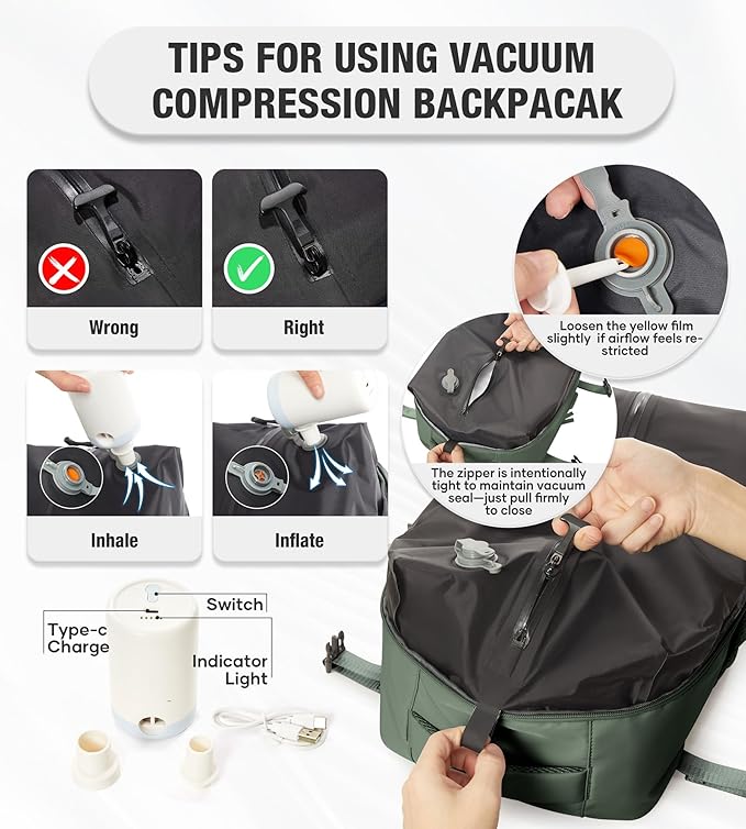 Vacuum Travel Backpack with Pump for Women,Airback Personal Item Carry on Backpacks Flight Approved for Men,Laptop Waterproof Work Compression bags Casual Daypack(Green)