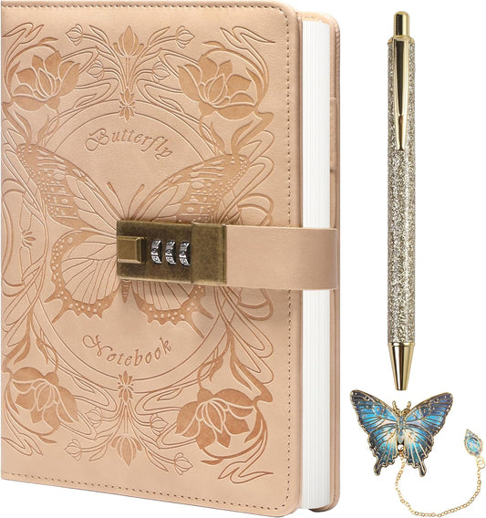 TIEFOSSI Diary with Lock for Women Girls, Lined Locked Journal, Butterfly Journal Notebook with Pen and Bookmark, A5 Refillable Locking Journals for Writing, 224 Numbered Pages