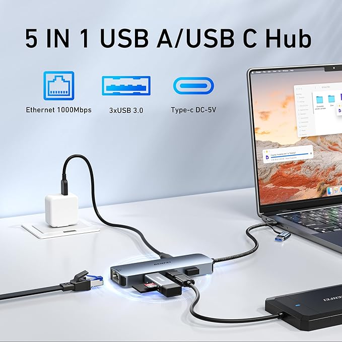 BENFEI USB-C USB 3.0 to Gigabit Ethernet Adapter, 3-Port USB 3.0 Hub with RJ45 Compatible with MacBook Pro/Air 2023, iPad Pro, iMac, S23, XPS 17, Surface Book 3 and More