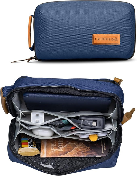 TRIPPED Travel Gear Tech Bag Organizer - Small Electronics Organizer Pouch for Travel - Premium Travel Case with Leather Accents - Mesh Pocket for Cables, Cords and Chargers (Navy)