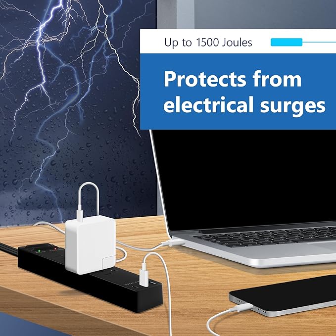 LIDER Outlet Extender with 4 Receptacles, USB-A and 2 USB-C, Ultra-Thin Flat-Plug with Cord Extender, 4-Outlet Power Strip, 45 Degree Angle, Surge Protectect 1500 Joules, 5ft Cord, UL-Listed, Black