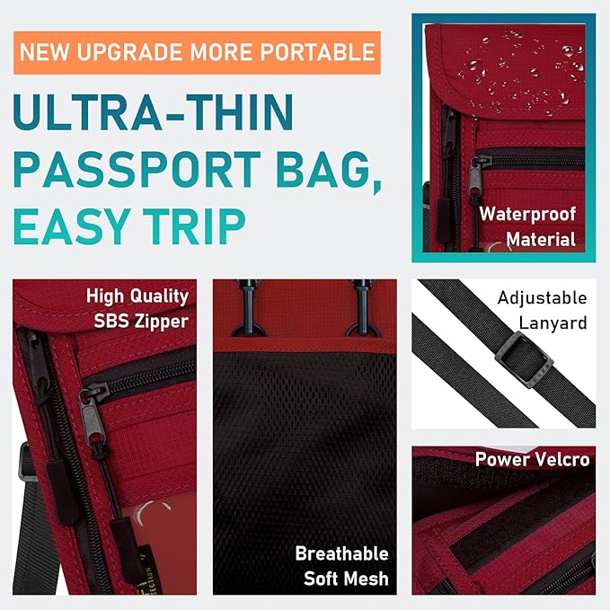 sundee Travel Neck Wallet with Double Zippers, RFID Blocking Passport Holder with Adjustable Neck Strap for Men and Women to Keep Cash, Credit Cards and Travel Documents Safe - Red