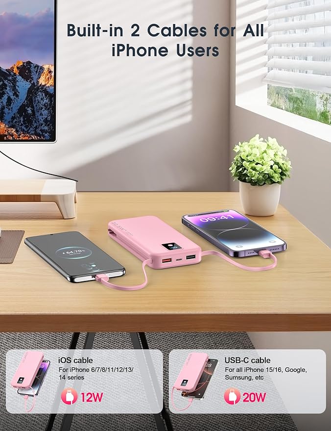 Portable Charger, 12000mAh 22.5W Fast Charging Power Bank with Built-in Cables & Wall Plug, Travel Essential Battery Pack with LED Display, USB C Battery Phone Charger for iPhone, iPad, Samsung Pink