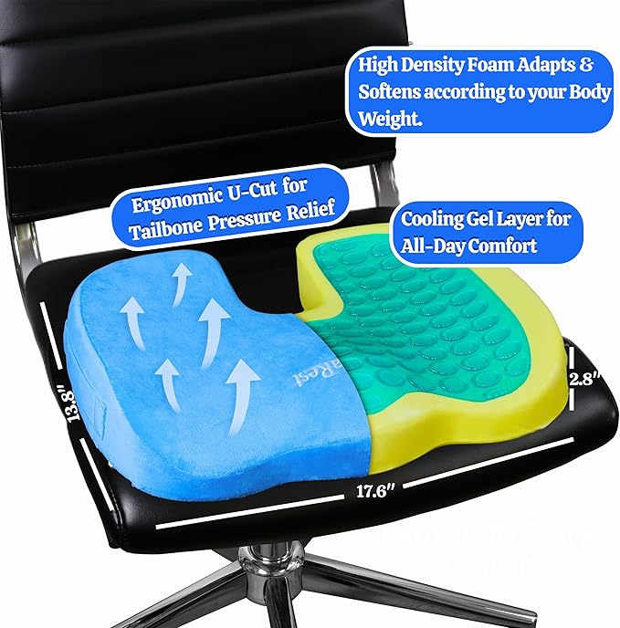 LuminaRest® Gel Seat Cushion for Long Sitting – CertiPUR-US® Certified Memory Foam – Tailbone Pain Relief Cushion, Adaptable for Office, Car, Airplane & Wheelchair – (Blue)