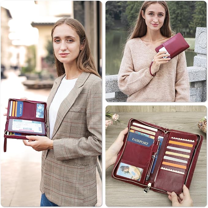 Top Grain Leather Customizable Travel Passport Wallet Holder for Man & Woman, Handmade for 4 Passports & Multi Cards, RFID Blocking Large Capacity for Cards/Passports/Tickets