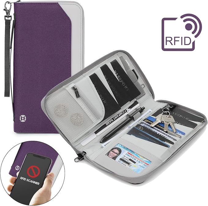 RFID Large Travel Passport Wallet with Airtag & Card Holder - Women Men, Lightweight Passport Cover Case Book Travel Document Organizer with Zipper Pocket, Deep Purple