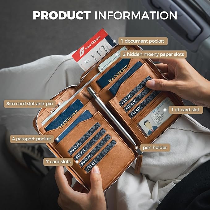 VULKIT Leather Passport Holder for 4-8 Passports Family Passport Wallet with Zipper Travel Documents Organizer for Men or Women(Brown)