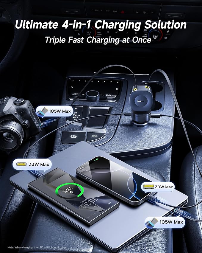 Baseus 240W Retractable Car Charger USB C Fast Charging, VR2 Max 4 in 1 Fast Car Charger with Dual Retractable USB C Cable for iPhone 17 16 15 Pro Max, Samsung Galaxy S25 Ultra, Android, iPad, MacBook