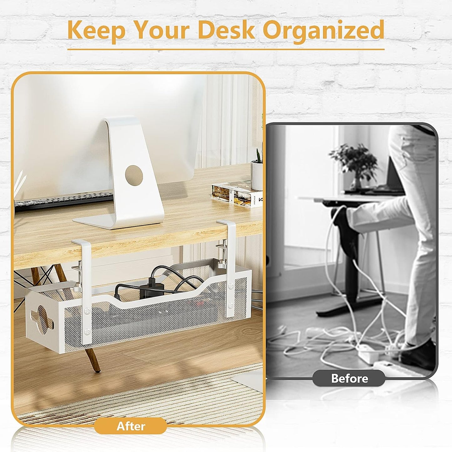 Under Desk Cable Management Tray 15.95", Quszmd Cable Organizer No Drill, Standing Cord Organizer and Wire Management Tray - No Damage to Desk, White