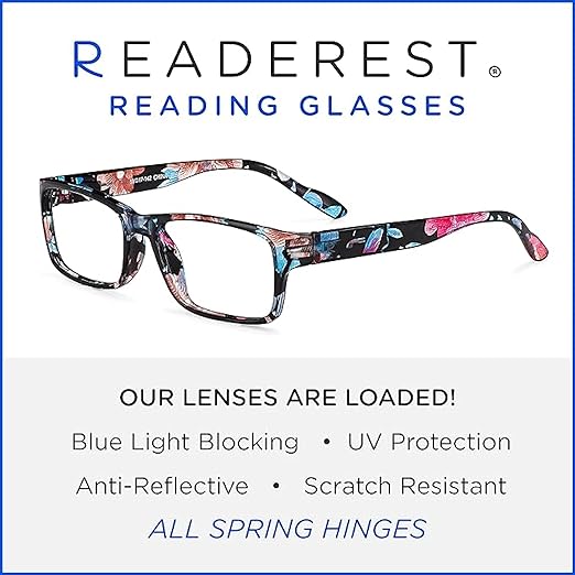 Readerest 1.5 Blue Light Reading Glasses - Lightweight Computer Glasses - Eye Strain, UV Glare Protection (Floral)