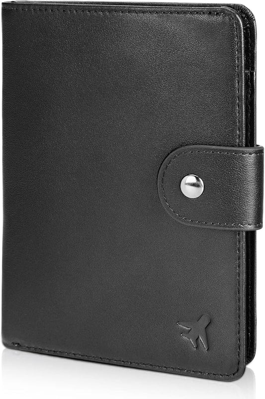 Polare Luxury RFID Blocking Leather Passport Holder Travel Wallet For Men and Women (Black(Snap Version))