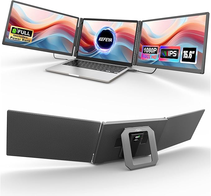 15.6" Laptop Screen Extender, Includes Power Bank, FHD 1080P IPS Triple Laptop Monitor Extender for 13-17" Laptops, Plug & Play with HDMI/USB-A/TYPE-C/Hub, Compatible with Windows, Mac, Android
