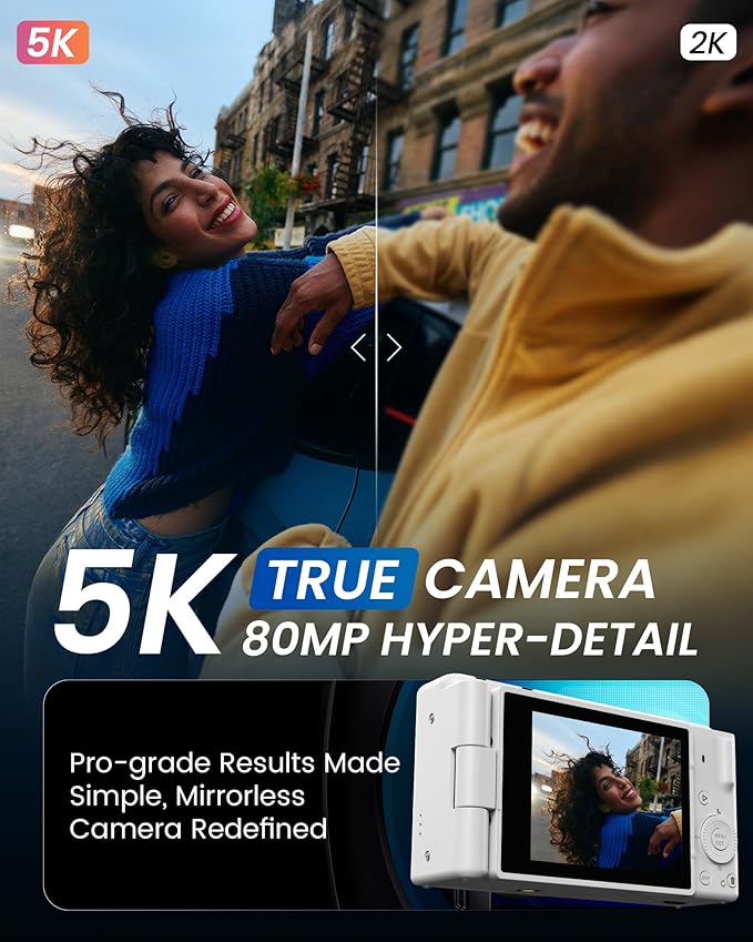 True 5K Digital Camera for Photography, Autofocus 80MP with 18X Digital Zoom 3" 270°Flip Screen Dual-Lens Selfie Camera for YouTube Vlogging & Content Creation, 2 Batteries, 32GB Card & Flash，White