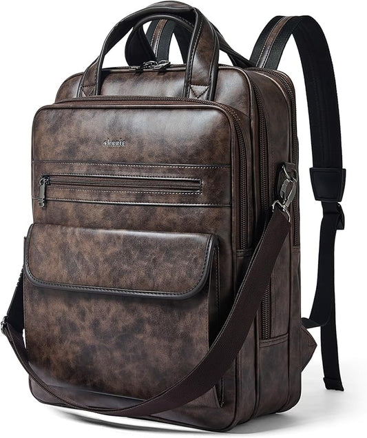 Shrrie Laptop Backpack for Women and Men, 15.6 Inch Vegan Leather Computer Backpack Professional Water-Resistant Casual Daypack for Work Business College Travel Office,Two-toned Coffee