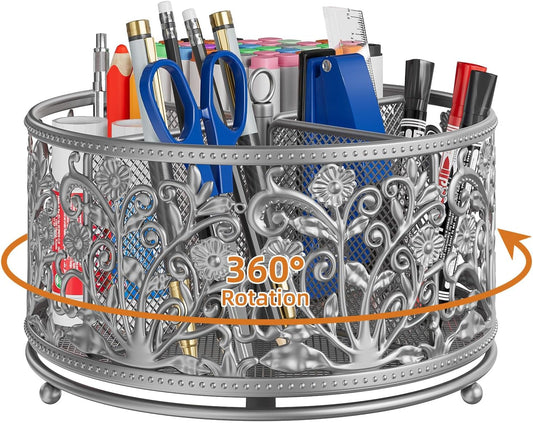 EKNITEY Pencil Pen Holder For Desk - Rotating Pencil Cup Organizer Cute Desktop Caddy with 4 Slots for Art Supplies School Home
