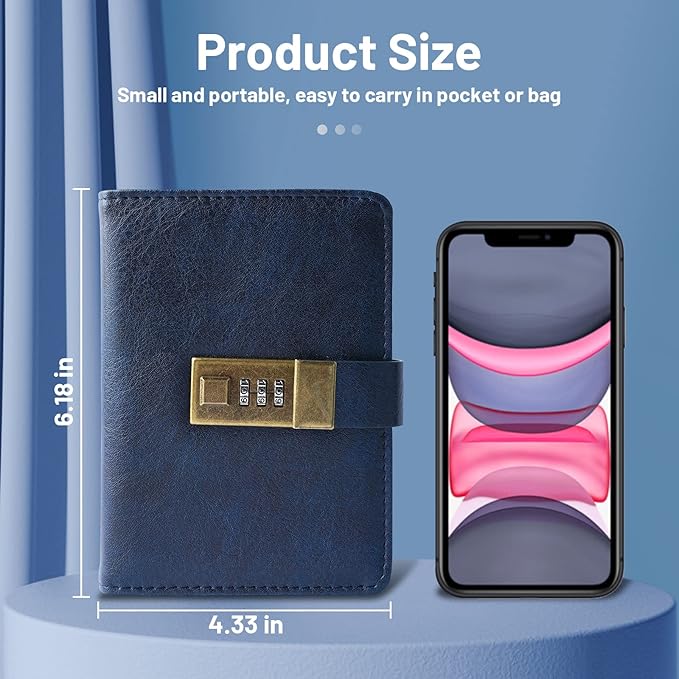 WEMATE Password Book with Lock, Password Book with Alphabetical Tabs 600+ Password Spaces, Password Logbook with Lock, Password Keeper for Computer 4.33 X 6.18 Inch Dark Blue