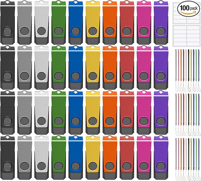 AGECASH Thumb Drive 512MB USB Flash Drive 100 Pack, Bulk USB 2.0 Flash Drives Pack of 100 Jump Drive Multipack 512MB Memory Stick with Lanyard and Label (Multicolor, 512 MB)