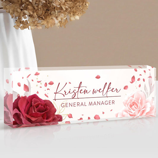 Custom Name Plate for Desk | Personalized Desk Name Plate | Personalized Boss Employee Appreciation Gifts | Acrylic Name Plate Office Desk Accessories (A-Rose)