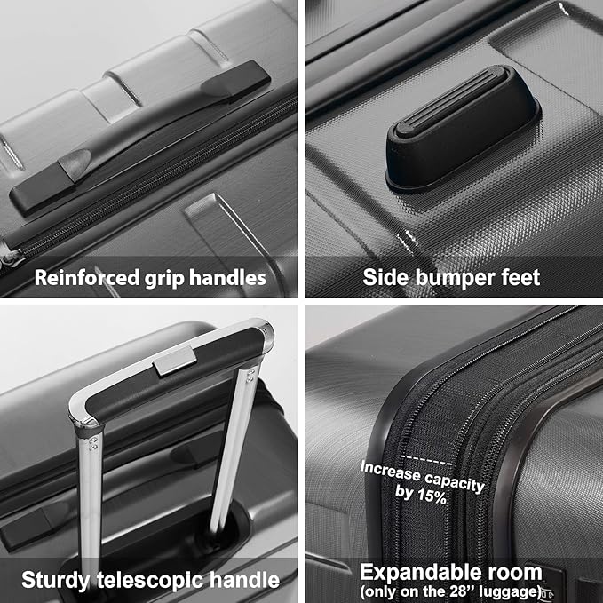 Coolife Luggage Expandable 3 Piece Sets PC+ABS Spinner Suitcase 20 inch 24 inch 28 inch (Charcoal., 3 piece set)