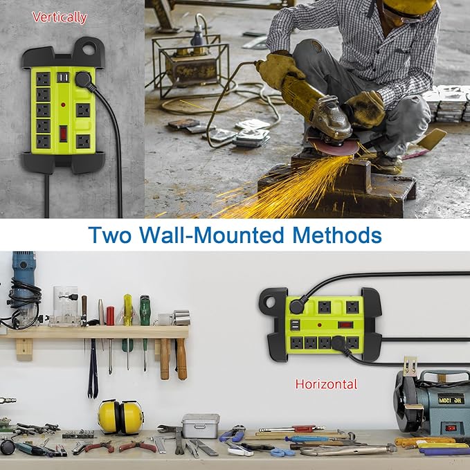 Heavy Duty Power Strip with USB, Workshop 8 Outlet Surge Protector 2700 Joules, Green Industrial Metal 15Amp Power Strip, 6 FT Extension Cord and Wide Spaced.