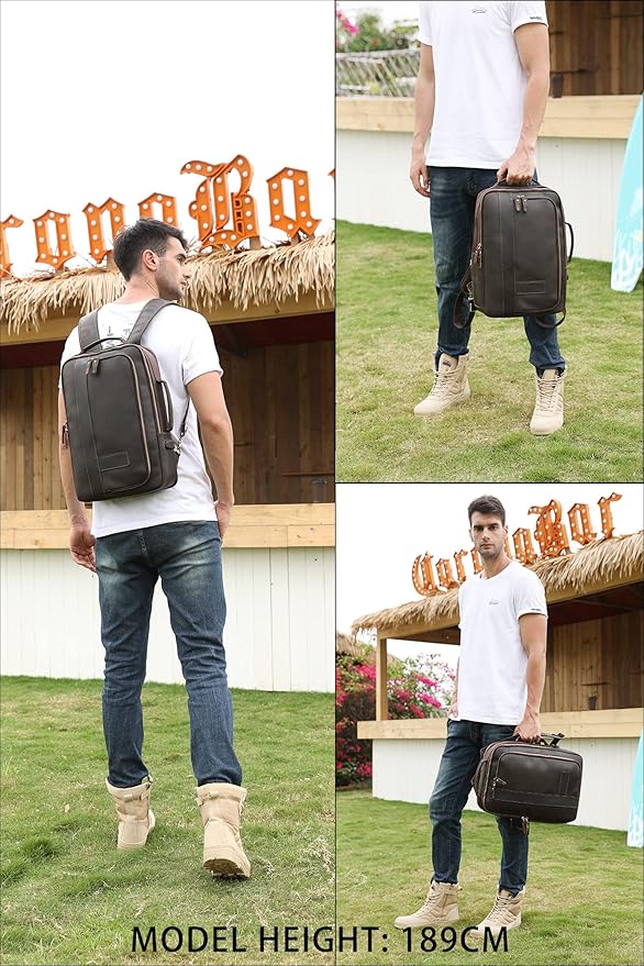 LANNSYNE Men's Full Grain Leather Expandable 15.6 Laptop Backpack Tote Shoulder Travel Bag Rucksack