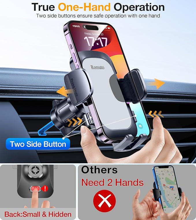 Romuto Car Phone Holder Mount【2025 Strongest Suction】 Phone Mount for Car Dash Pad Cell Phone Holders for Your Car Accessories for Women Men Dashboard/Windshield/Vent Truck Stand for iPhone Samsung