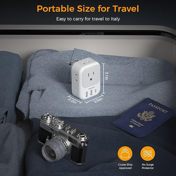 Italy Travel Plug Adapter 2 Pack, TESSAN Italy Power Adaptor with 4 Outlets 3 USB Charger (1 USB C Port), Type L Adapter for US to Chile Ethiopia Libya Syria Tunisia Uruguay