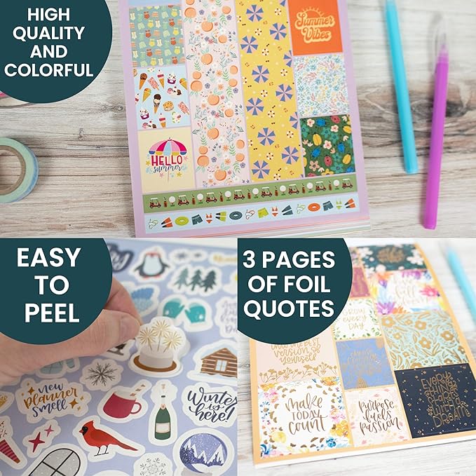 bloom daily planners 40 Page Mega Planner Sticker Pack (1500+ Stickers) - 6” x 9” Bound Ultimate Variety Sticker Book with Foil - Seasons, Celebrations, Holidays, Food, Travel, Quotes & More - Vol. 1