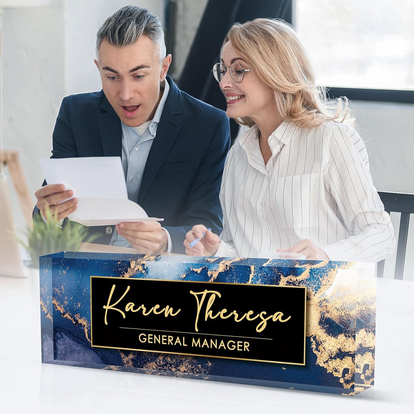 Custom Office Name Plate for Desk, Personalized Gifts for Men, Appreciation Gifts for Employee Coworkers Boss Teacher, Office Accessories (Blue Marble)