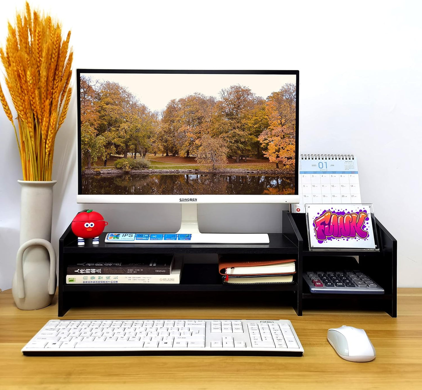 Computer Monitor Riser, 2 Tier Wooden Stand With Two Layer Storage Rack, Black Desktop Organizer for PC/Laptop, Home & Office